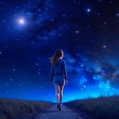 Abstraction, a girl walks along the road to the starry sky.