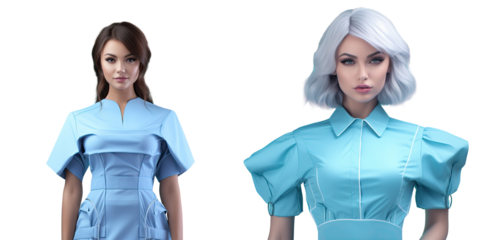 Attractive female doctor wearing a blue medical gown in a seductive pose photographed in a studio setting transparent background