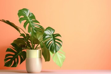 Monstera leaf in ceramic potted on white background for decoration in an empty room with Orange floors background. and home interior design for minimalist style.