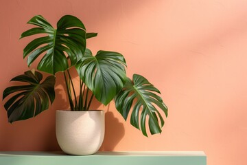 Fototapeta na wymiar Monstera leaf in ceramic potted on white background for decoration in an empty room with Orange floors background. and home interior design for minimalist style.