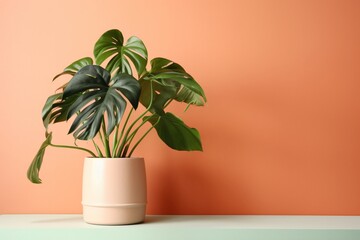 Fototapeta premium Monstera leaf in ceramic potted on white background for decoration in an empty room with Orange floors background. and home interior design for minimalist style.