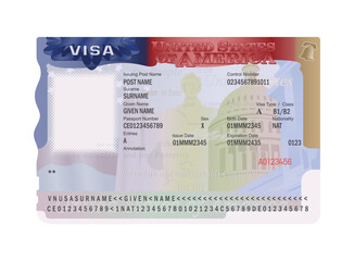 USA visa sticker template on a white background, vector illustration. Travel visa document. United States of America