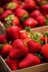 Fresh strawberries in a wooden box for the market farm with blurred workers in the background.