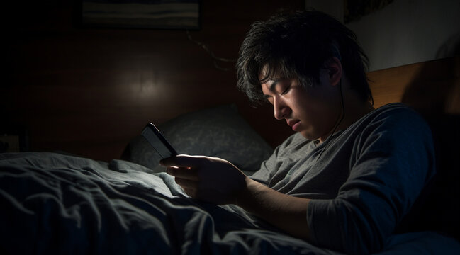 暗い部屋でベッドに寝ながらスマホを触る男性