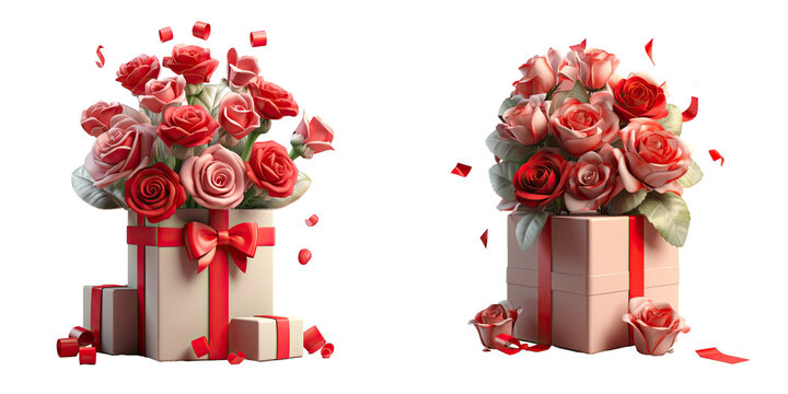 ed image of red roses in a gift box representing a 21st birthday isolated on a transparent background
