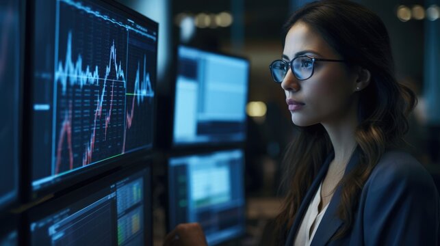 Portrait of a woman in a bustling financial firm meticulously analyzing data