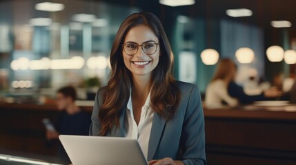 Portrait of a woman in a bustling law firm meticulously researching legal cases