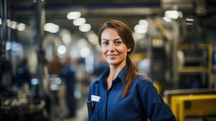 Portrait of a woman in a bustling manufacturing plant optimizing production processes
