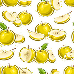Vector Yellow Apples seamless pattern, repeat background with fruity composition of golden juicy apples for wrapping paper, square poster with flying flat lay yellow ripe apple fruit for home interior