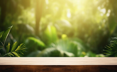 Wooden table with  defocused forest background
