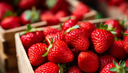 Fresh strawberries in a wooden box for the market farm with blurred workers in the background.