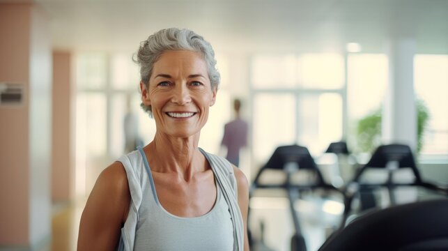 Portrait of a woman in a bustling rehabilitation center helping patients regain independence and improve their quality of life through customized therapy programs