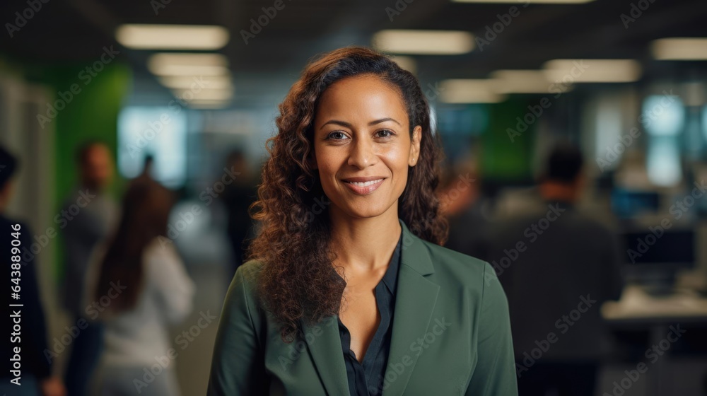 Poster portrait of a woman in a dynamic project management office orchestrating complex projects