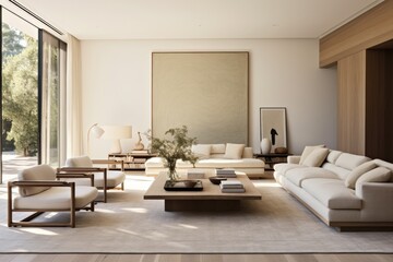Generative ai of minimalist living room bathed in natural light with neutral colors.