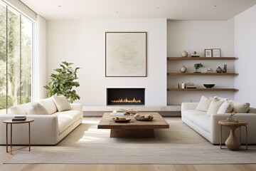 Generative ai of minimalist living room bathed in natural light with neutral colors.