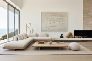 Generative ai of minimalist living room bathed in natural light with neutral colors.