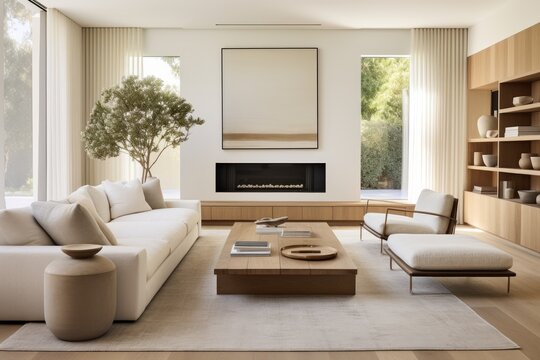 Generative ai of minimalist living room bathed in natural light with neutral colors.