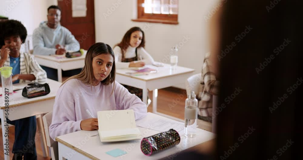 Poster University, education and lecture with professor and students at desk for attention, learning and school work. Classroom, teaching and woman in college class with young men and women writing exam.