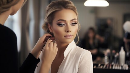 Portrait of a woman in a glamorous makeup studio skillfully enhancing natural beauty