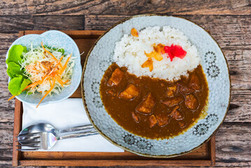 Japanese food pork curry with Japanese rice.