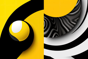 A black and white ball is on a yellow and black striped surface