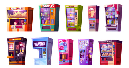 Vending machine icon with snack, candy and popcorn illustration. Food and drink isolated dispenser with unhealthy product. Vendingmachine robot device sell sweet juice and cola graphic design set.