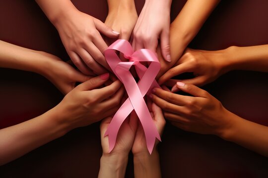 women fighting breast cancer Several hands bringing together a pink health ribbon