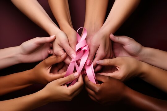 women fighting breast cancer Several hands bringing together a pink health ribbon