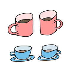 ペアのピンクのマグカップとペアのブルーのティーカップのイラスト