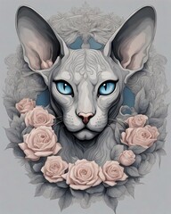 Blue-eyed Sphynx with Pink Roses