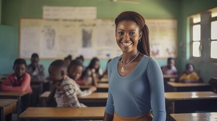 Portrait of a woman in a vibrant classroom inspiring young minds with her passion for knowledge