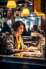 a woman order food at a fast food restaurant