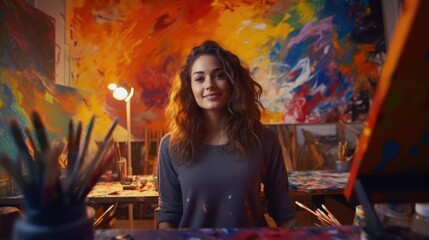 Portrait of a woman in her colorful studio passionately painting vibrant canvases