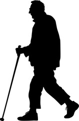 Silhouette of an old man with walking stick on a white background, vector illustration. Silhouette of an old woman, man