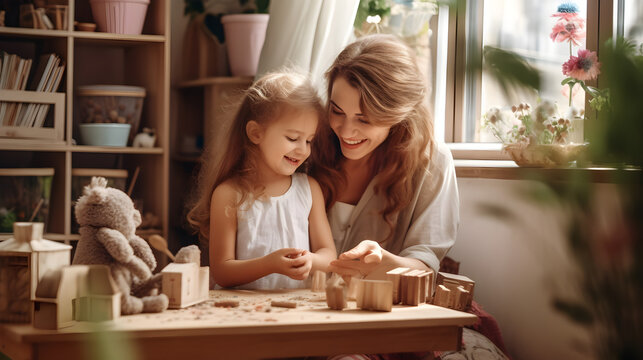 mother and child playing with toys 