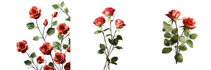 Valentine s Day arrangement of small red roses with green stems and leaves against a transparent background