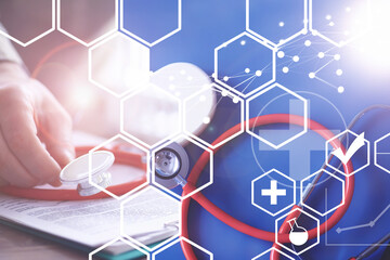 Stethoscope, puzzle heart, prescriptions. Double exposure in composition. Doctor`s desk in the clinic's office.