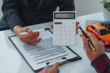 Businessman completes successful car purchase transaction by gifting car keys after finalizing contract signing, great investment, handover of keys, satisfaction purchase new or used vehicle