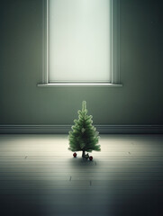 A christmas tree is in a room with a window that says christmas
