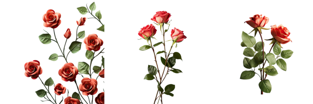 Valentine s Day arrangement of small red roses with green stems and leaves against a transparent background
