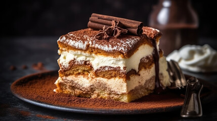 A closeup magazine quality shot of a beautifully layered tiramisu with creamy mascarpone and dusted cocoa  AI Generated