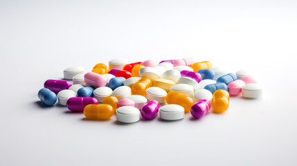 Multicolored pills on a white background