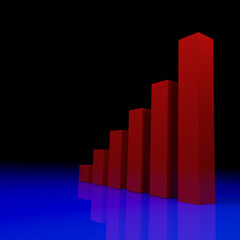 business graph on blue background, red chart, red bar graph on the blue background for business idia.