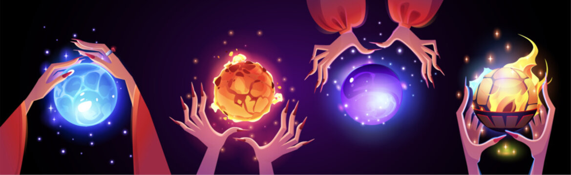 Magical glowing ball for foretelling in female hands of fortune teller, magician or witch. Cartoon vector illustration of luminous sphere during witchcraft and prediction of future. Neon esoteric orb.