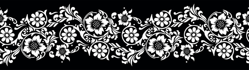 Seamless black and white floral vine border design