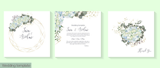 Fototapeta na wymiar Floral design for wedding invitation. Gold frame in the shape of a crystal, white and blue hydrangea, green plants, eucalyptus. Vector illustration