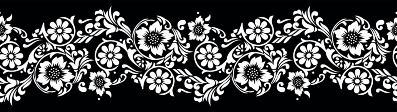 Seamless black and white floral vine border design