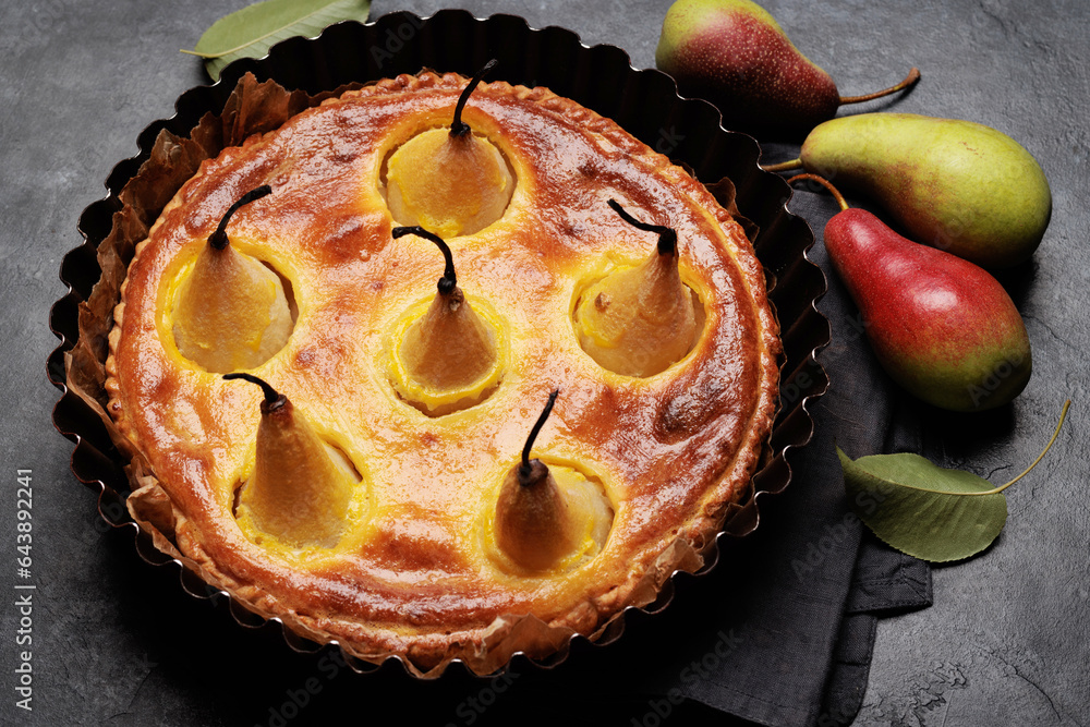 Poster Homemade pear pie. Tart with seasonal fruits