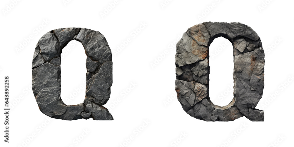 Poster dark gray basic bold font lowercase q with rough rocky surface texture on a transparent background