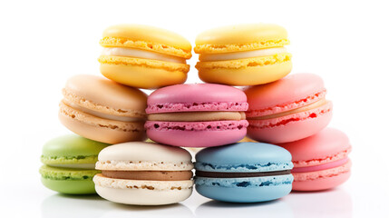  Sweet French macaroons on a white background, dessert.